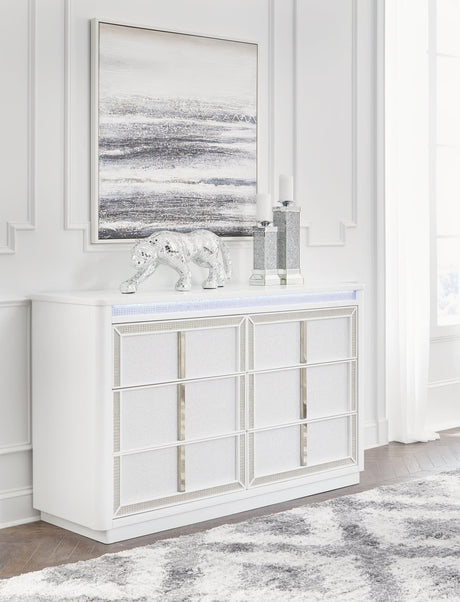 Chalanna White Dresser front view showing 6 drawers and LED lighting on