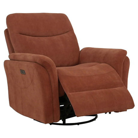 Adler upholstered power swivel glider recliner rust front view