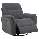 Adler Upholstered Power Swivel Glider Recliner in charcoal grey front view
