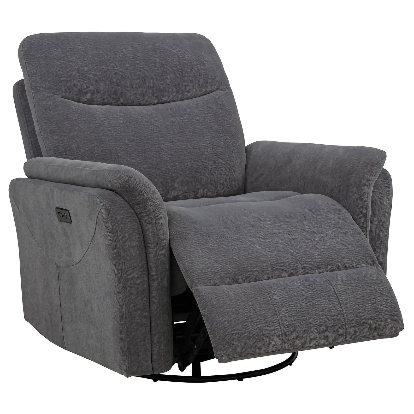 Adler Upholstered Power Swivel Glider Recliner in charcoal grey front view