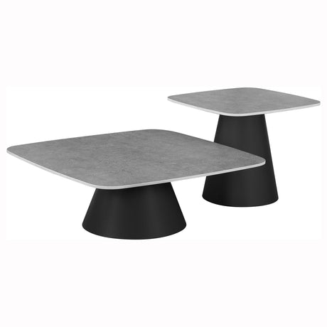 Eason 2-piece cocktail coffee table set with concrete-look square tops and matte black conical bases