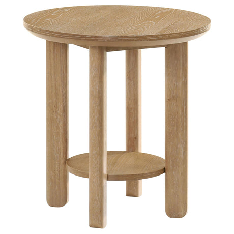 Ottowa Round Wood Side End Table with Shelf Light Oak, front angled view