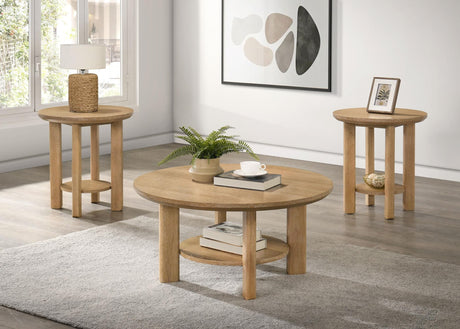 Ottowa coffee table with round top and storage shelf, light oak finish