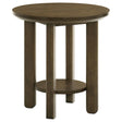 Ottowa round brown wood side table with shelf, front view