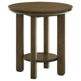 Ottowa round brown wood side table with shelf, front view