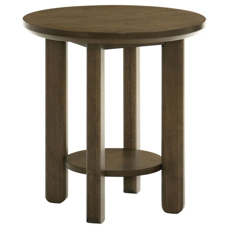 Ottowa round brown wood side table with shelf, front view