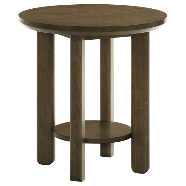 Ottowa round brown wood side table with shelf, front view