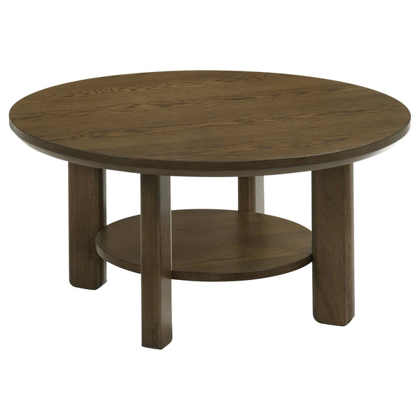 Ottowa 36-inch round brown wood coffee table front view