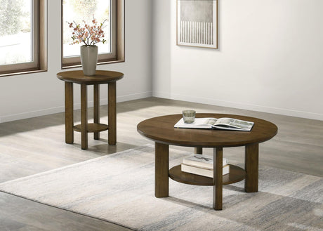 Ottowa coffee table round top with oak veneer and cylindrical legs, front angle
