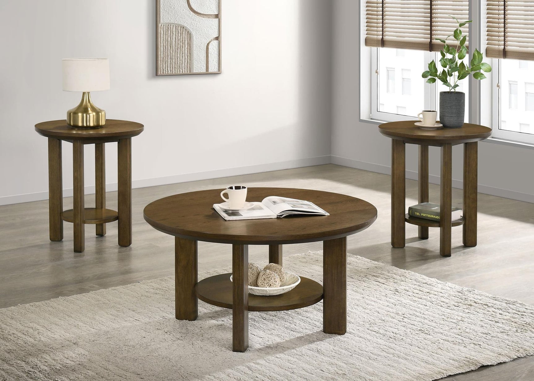 Ottowa 3-piece round wood coffee table set brown front view