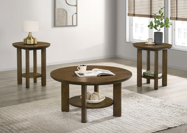 Ottowa 3-piece round wood coffee table set brown front view