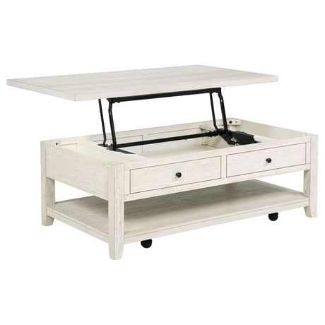 Payne 48-inch mobile lift-top coffee table in distressed white, front view
