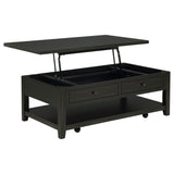 Payne 48-inch Mobile Lift Top Coffee Table in Distressed Java, front angle showing lifted top