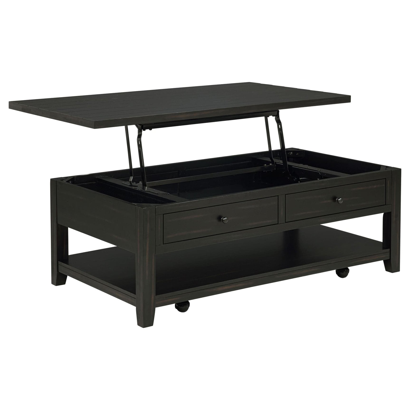 Payne 48-inch Mobile Lift Top Coffee Table in Distressed Java, front angle showing lifted top