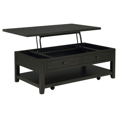 Payne 48-inch Mobile Lift Top Coffee Table in Distressed Java, front angle showing lifted top