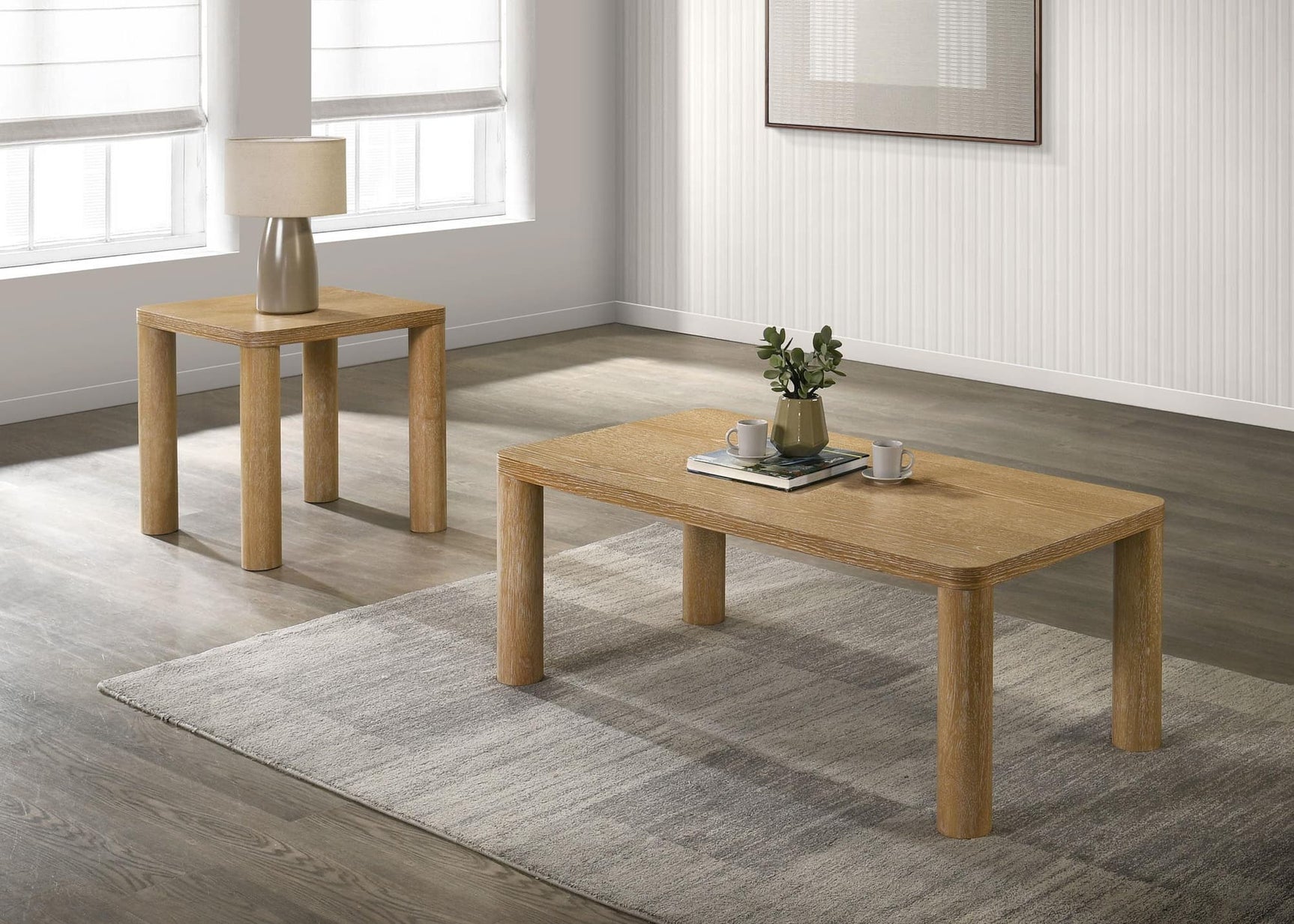 Castlewood 2-piece coffee and end table set, front view, light oak finish