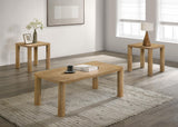 Castlewood 3-piece coffee table set in light oak, front angle showing all tables