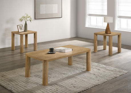 Castlewood 3-piece coffee table set in light oak, front angle showing all tables