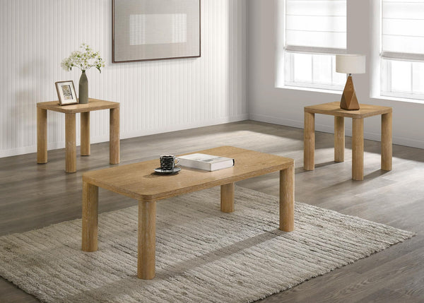Castlewood 3-piece coffee table set in light oak, front angle showing all tables