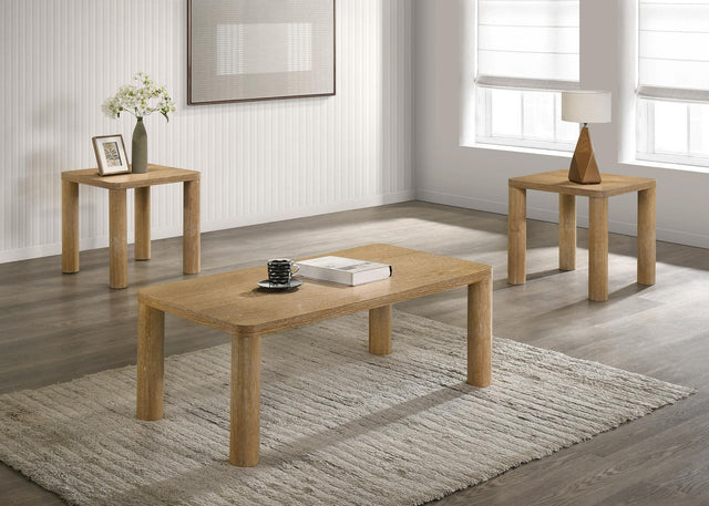 Castlewood 3-piece coffee table set in light oak, front angle showing all tables