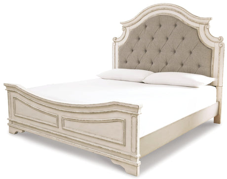 Realyn Chipped White Upholstered Panel Bedroom Set main view with bed