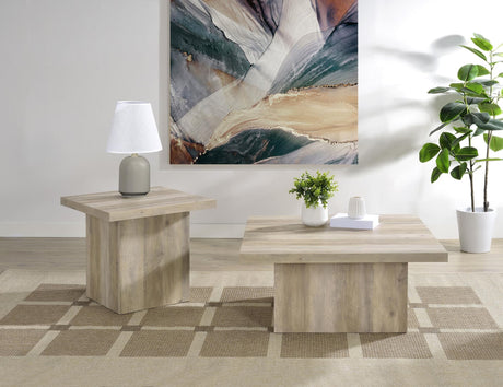 Devar 2-piece square coffee and end table set in distressed pine angled view