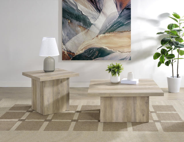 Devar 2-piece square coffee and end table set in distressed pine angled view