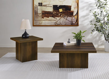 Devar 2-piece square coffee and end table set in dark pine, front view