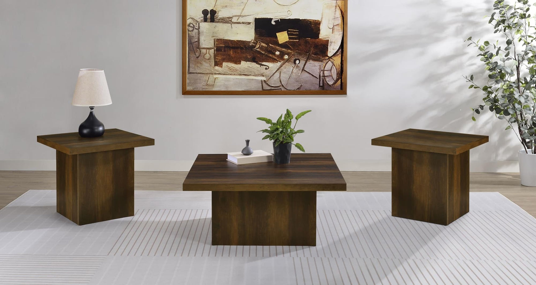 Devar 3-piece Square Coffee and End Table Set in Dark Pine front view