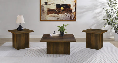 Devar 3-piece Square Coffee and End Table Set in Dark Pine front view