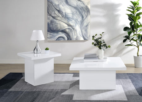 Devar square coffee table with white high gloss finish, side angle