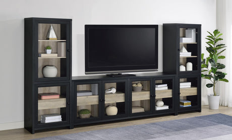 Denison 3-piece entertainment center with 79-inch TV stand, black finish, side angle
