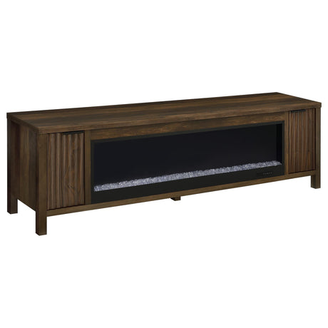Carey 79-inch dark pine TV stand with electric fireplace frontal view