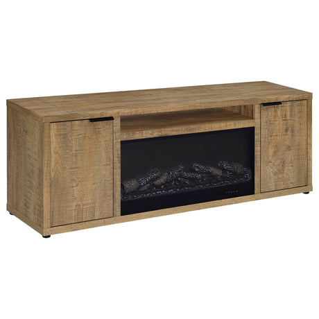 Fuller 60-inch mango wood 2-door TV stand with electric fireplace media console center view