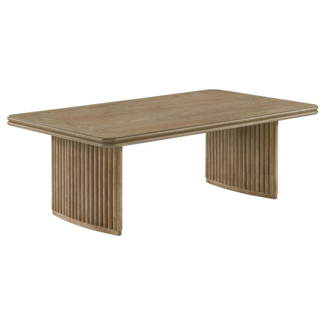 Adina rectangular wood coffee table with rounded multi-convex edges in distressed light brown