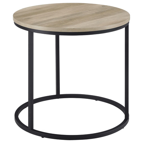 Lainey round side table with distressed pine top and metal base, front view