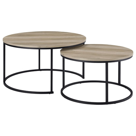Lainey large round nesting coffee table in distressed pine finish