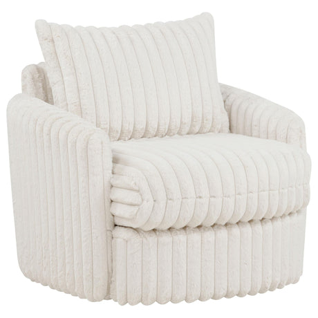 Sarco ivory corduroy upholstered swivel accent armchair front view