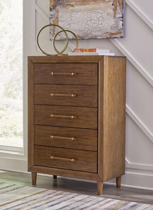 Lyncott Brown Chest of Drawers front angle showing drawers