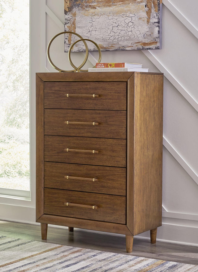 Lyncott Brown Chest of Drawers front angle showing drawers
