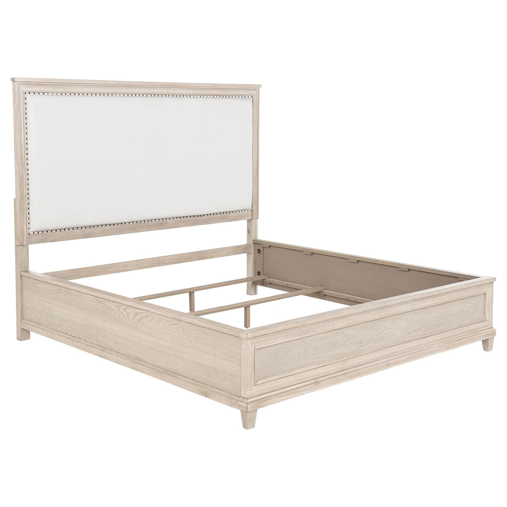 Pembroke Eastern King Panel Bed front view with washed oak frame and cream fabric headboard