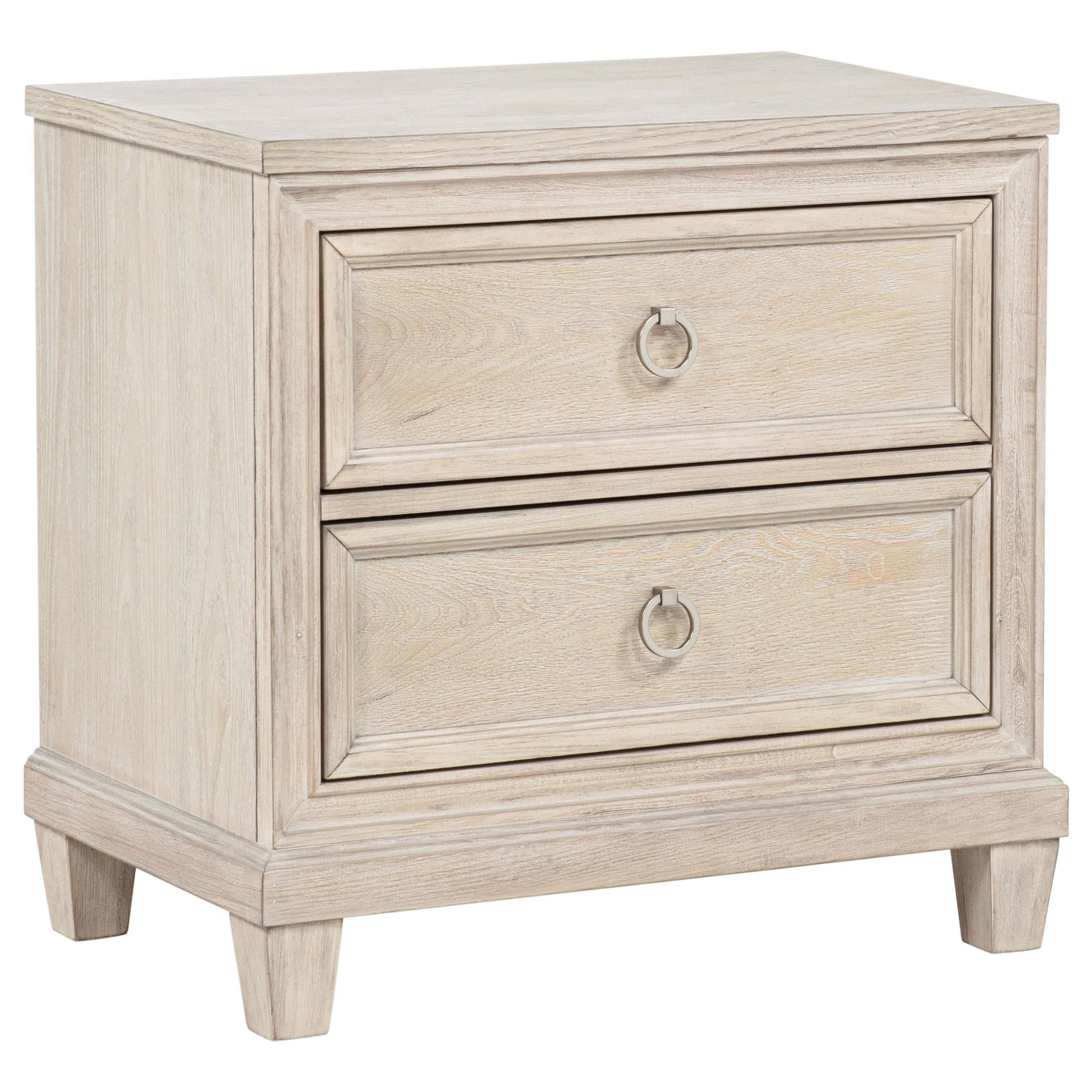 Pembroke 2-drawer nightstand in washed oak, front angle