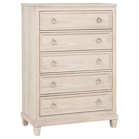 Pembroke 5-drawer chest of drawers with washed oak finish, front angle