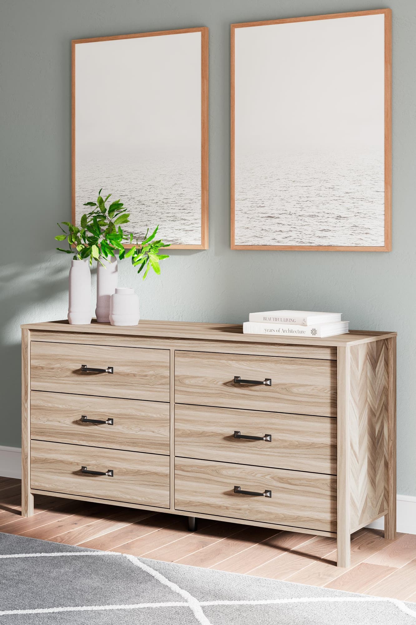 Battelle Tan Dresser front view with chevron drawer pattern