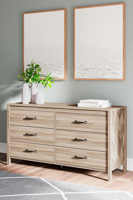 Battelle Tan Dresser front view with chevron drawer pattern