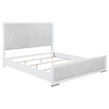 Gracemont Eastern King Panel Bed front view with grey fabric upholstery and white frame