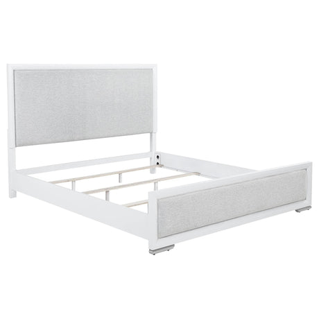 Gracemont Eastern King Panel Bed front view with grey fabric upholstery and white frame