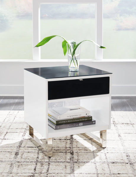 Gardoni White and Black End Table angled view showing glass tabletop and drawer