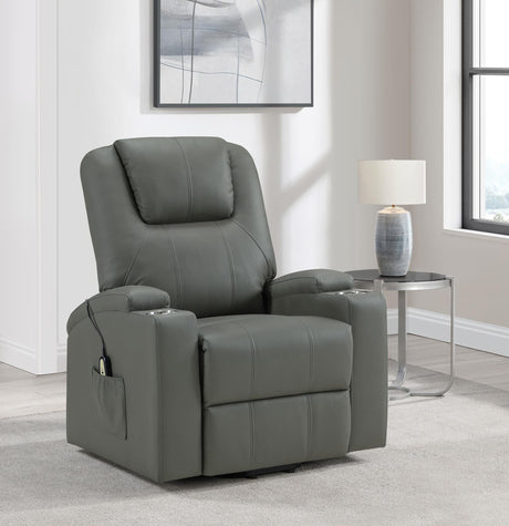 Armstrong grey upholstered power lift massage recliner front view