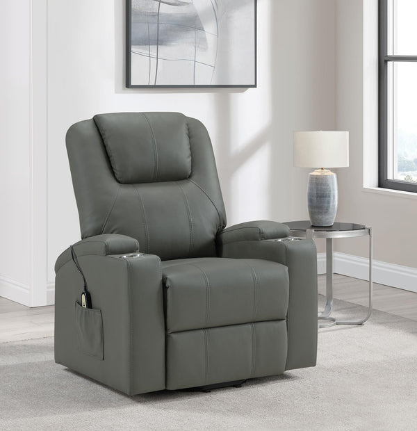 Armstrong grey upholstered power lift massage recliner front view